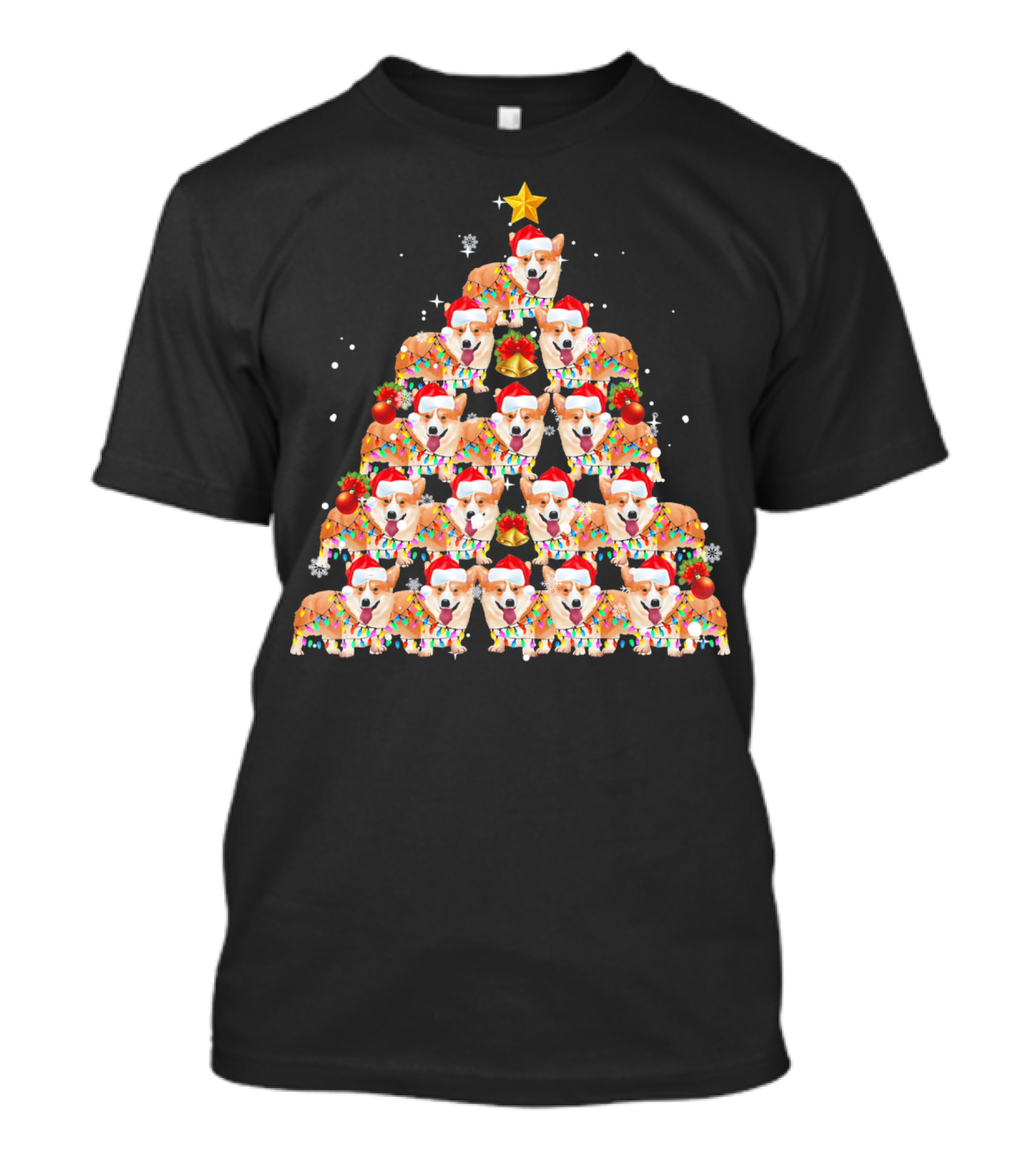 Santa Hat Corgi Dog Christmas Tree Pyramid With Stars And Ornaments T-Shirt
