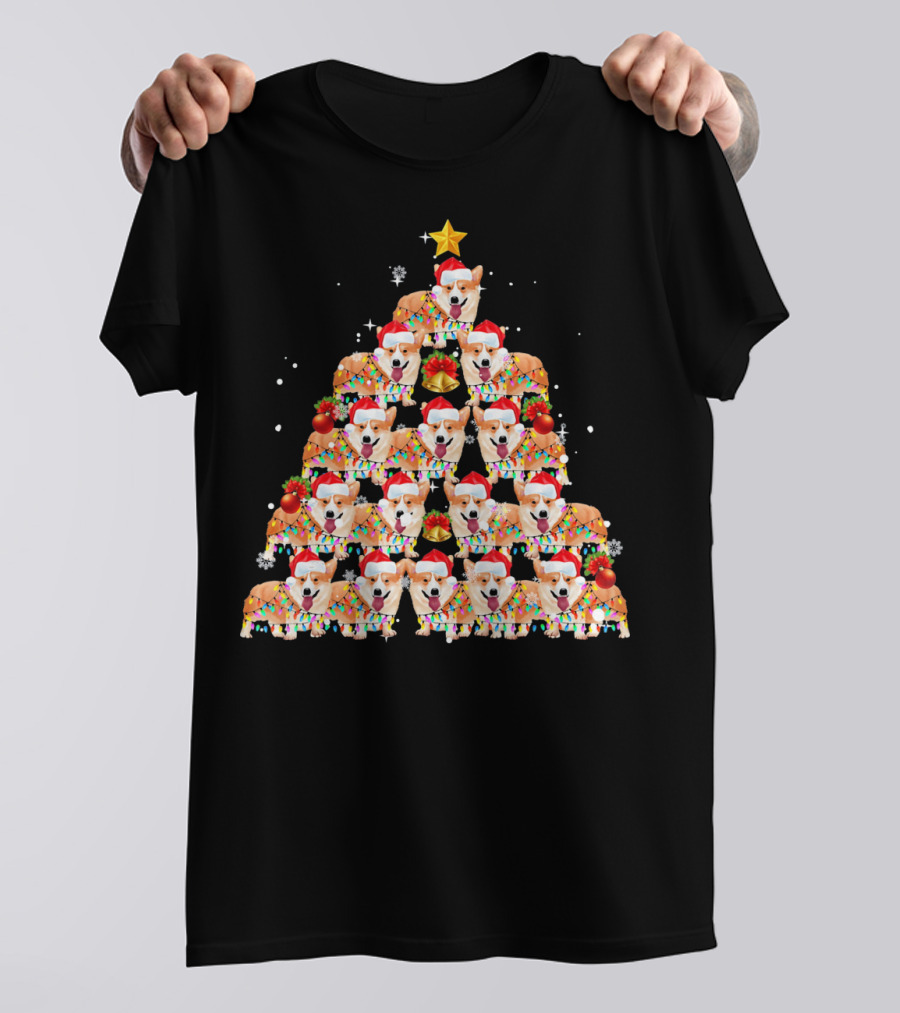 Santa Hat Corgi Dog Christmas Tree Pyramid With Stars And Ornaments T-Shirt