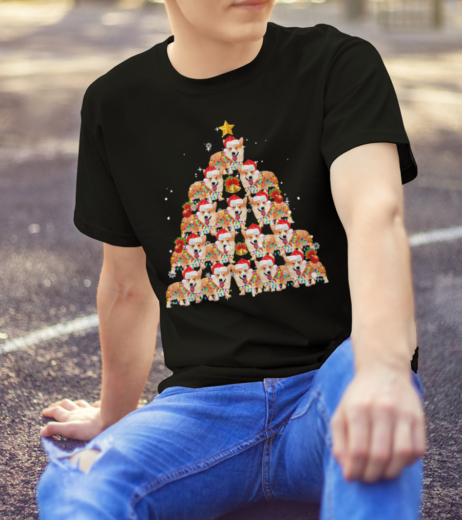 Santa Hat Corgi Dog Christmas Tree Pyramid With Stars And Ornaments T-Shirt