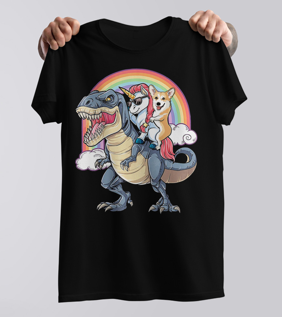 Welsh Corgi And Unicorn Ride Rex Like On Rainbow With Clouds T-Shirt