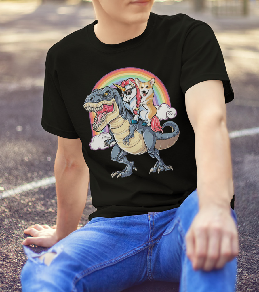 Welsh Corgi And Unicorn Ride Rex Like On Rainbow With Clouds T-Shirt