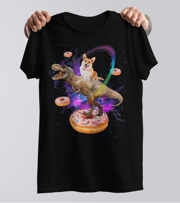 Space Corgi Adventure On Dinosaur Rex With Floating Donuts In Galaxy T-Shirt