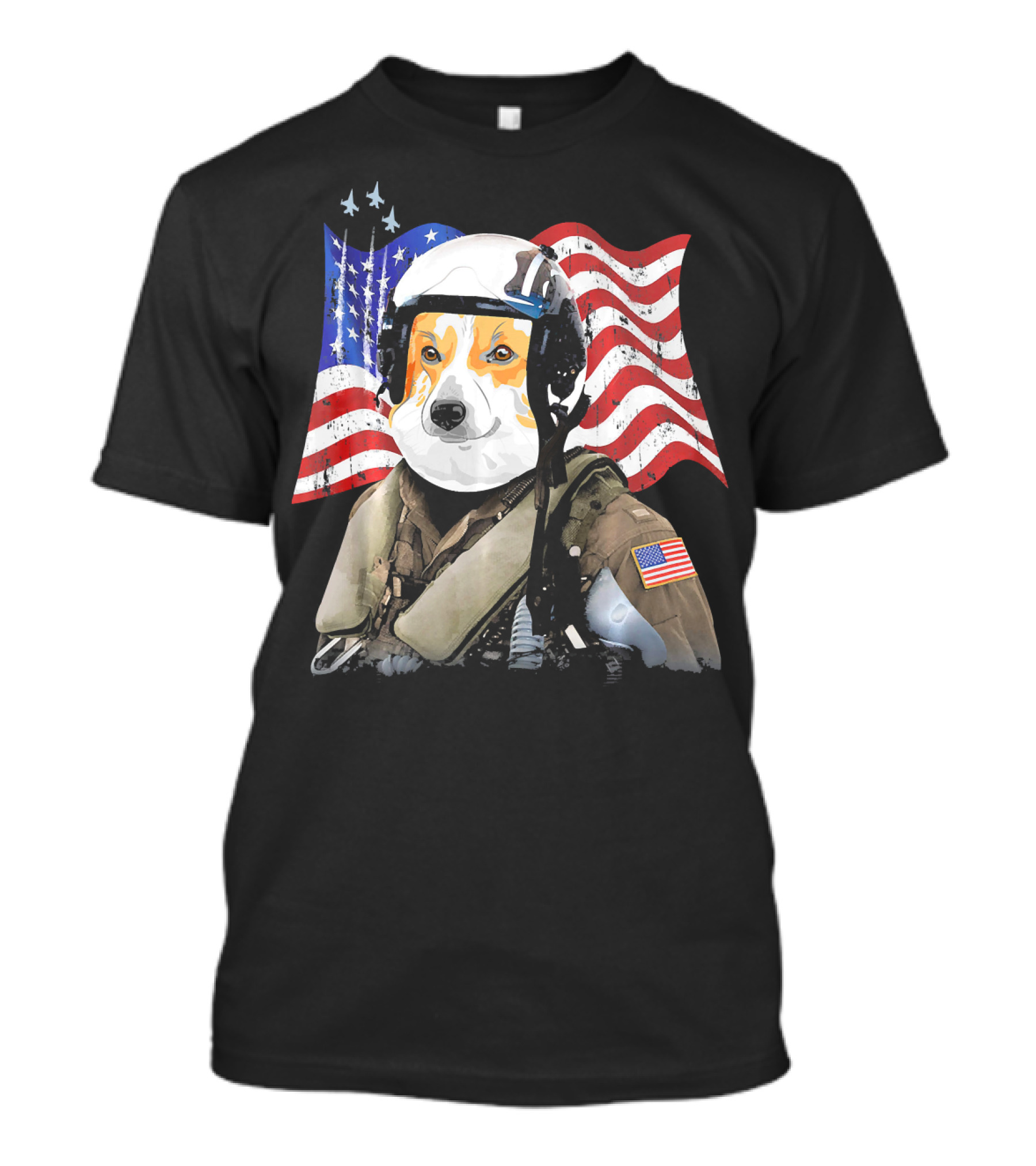 Patriotic Corgi Pilot With American Flag And Jet Fighter Stryker T-Shirt