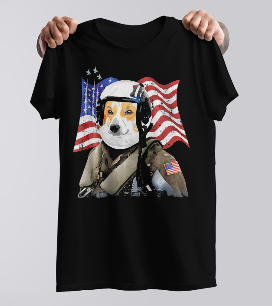 Patriotic Corgi Pilot With American Flag And Jet Fighter Stryker T-Shirt