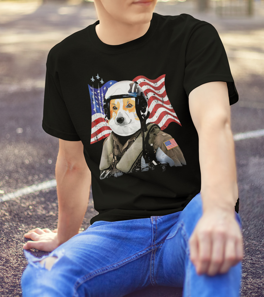 Patriotic Corgi Pilot With American Flag And Jet Fighter Stryker T-Shirt