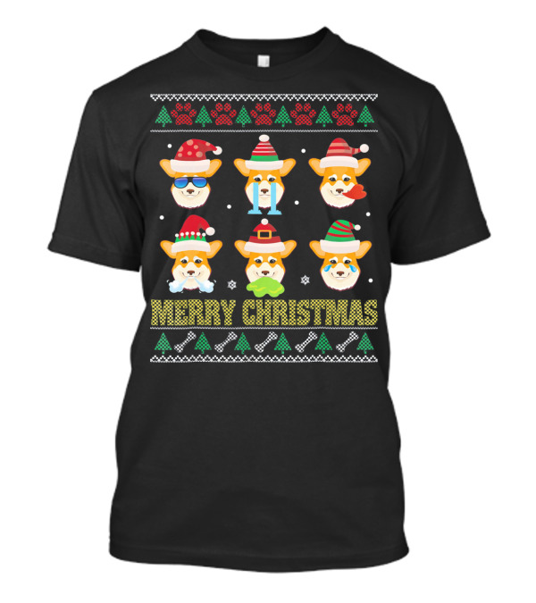 Merry Christmas Welsh Corgi Cardigan Santa Paws Holiday Faces T-Shirt