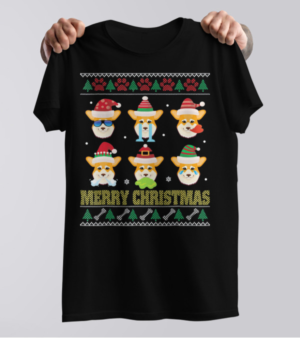 Merry Christmas Welsh Corgi Cardigan Santa Paws Holiday Faces T-Shirt