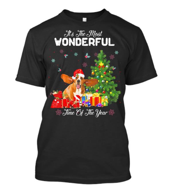 It's The Most Wonderful Time Of The Year Basset Hound Christmas Tree Gifts Snowflakes T-Shirt