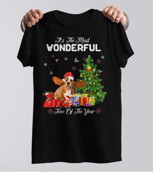 It's The Most Wonderful Time Of The Year Basset Hound Christmas Tree Gifts Snowflakes T-Shirt