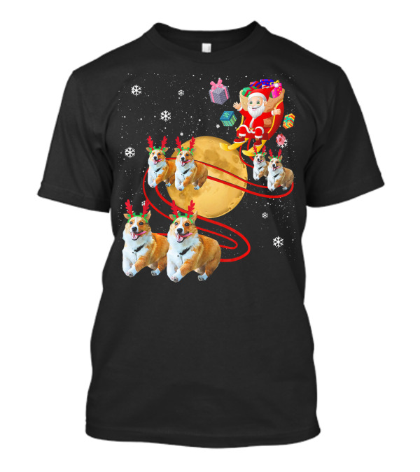 Santa Riding Corgi Reindeer Moon Sleigh Festive Christmas T-Shirt