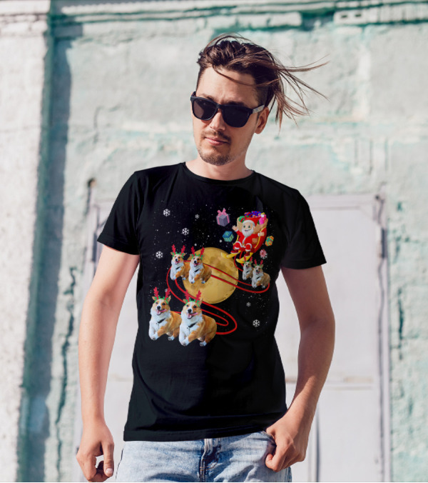 Santa Riding Corgi Reindeer Moon Sleigh Festive Christmas T-Shirt