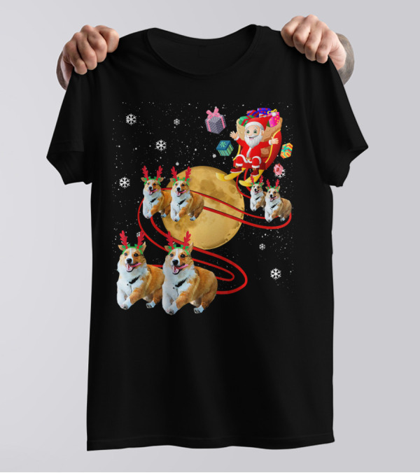 Santa Riding Corgi Reindeer Moon Sleigh Festive Christmas T-Shirt
