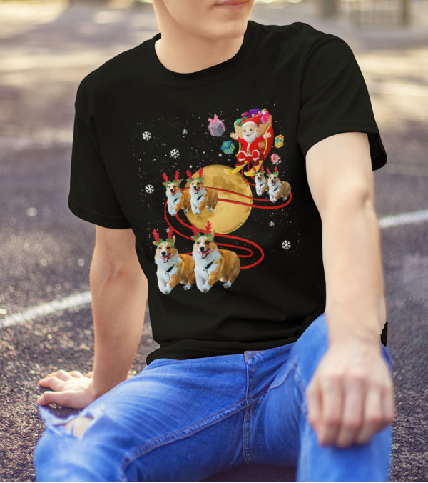Santa Riding Corgi Reindeer Moon Sleigh Festive Christmas T-Shirt