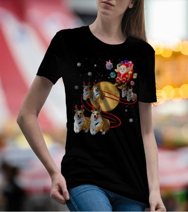 Santa Riding Corgi Reindeer Moon Sleigh Festive Christmas T-Shirt