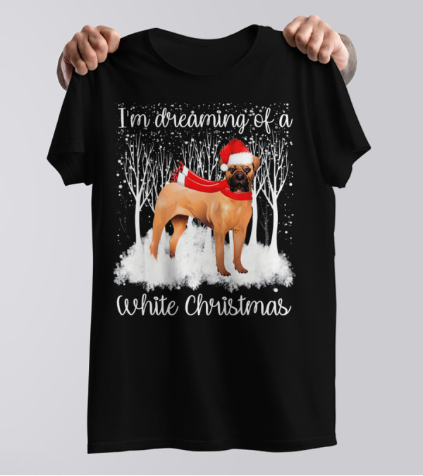 I'm Dreaming Of A White Christmas BullMastiff Santa Scarf Snowy Trees T-Shirt