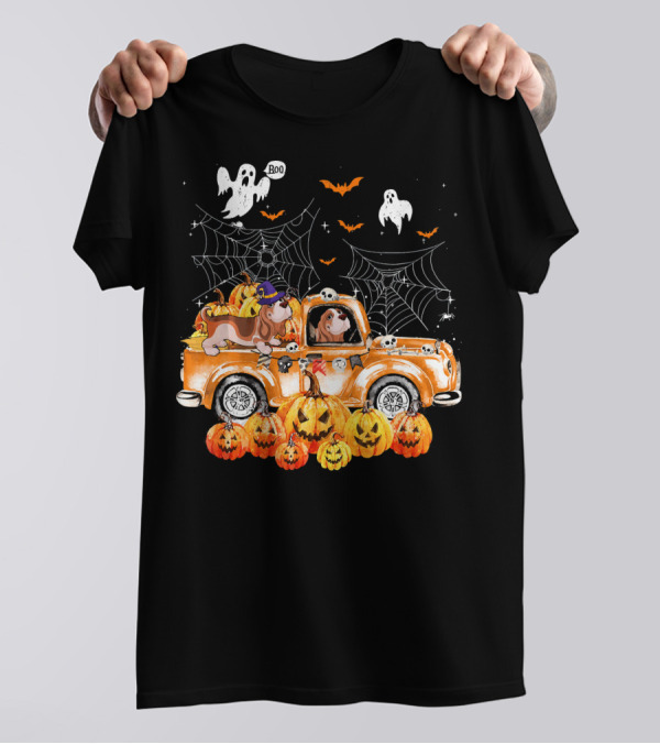 Basset Hound Dog On Pumpkin Truck With Ghosts And Spider Webs In Autumn T-Shirt