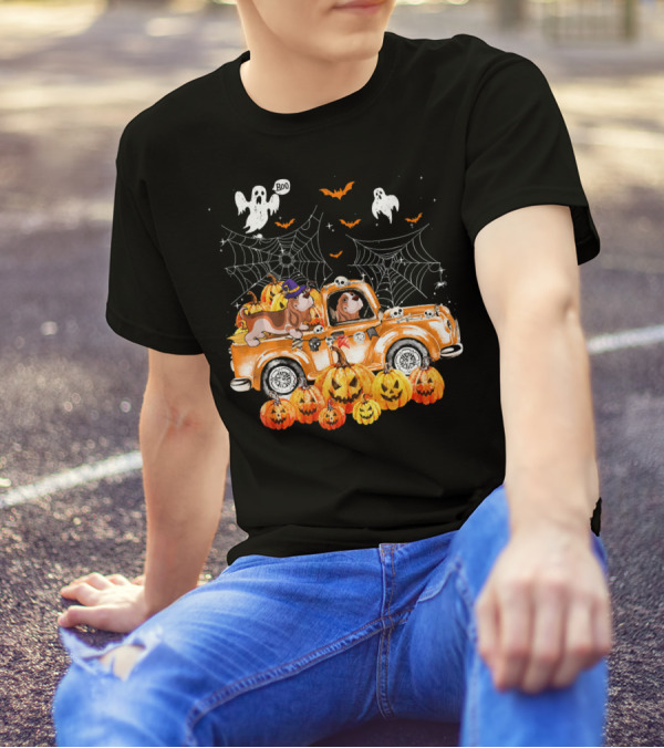 Basset Hound Dog On Pumpkin Truck With Ghosts And Spider Webs In Autumn T-Shirt