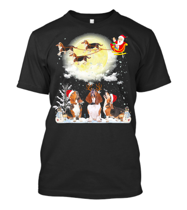 Basset Hound Christmas Santa Sleigh With Moon And Snowmen T-Shirt