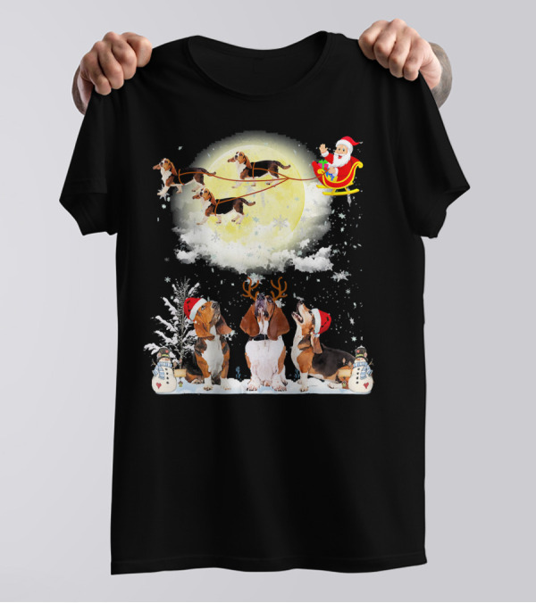 Basset Hound Christmas Santa Sleigh With Moon And Snowmen T-Shirt