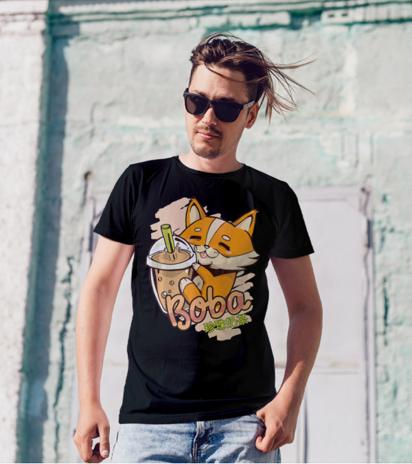 Anime Japanese Aesthetic Kawaii Corgi Do Boba 珍珠奶茶 T-Shirt