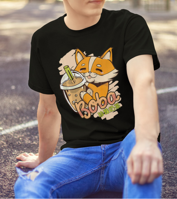 Anime Japanese Aesthetic Kawaii Corgi Do Boba 珍珠奶茶 T-Shirt