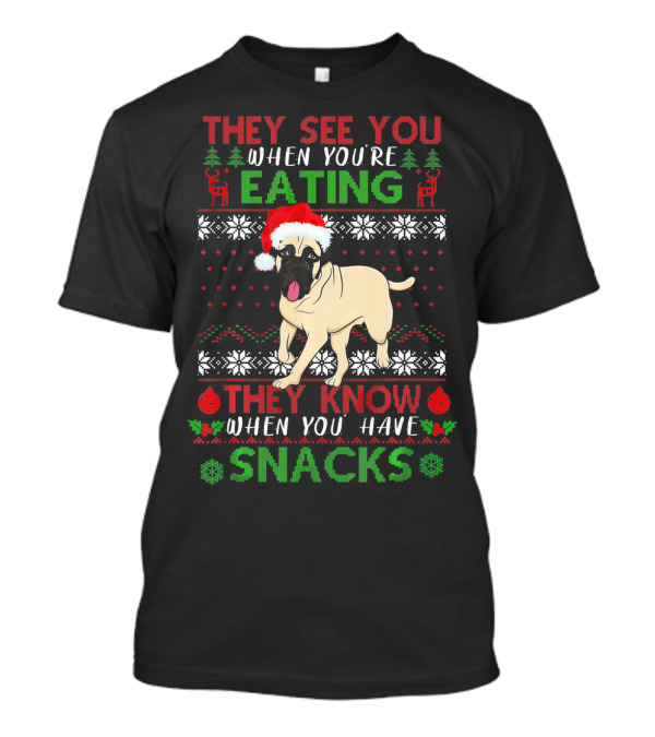 They See You When You're Eating They Know When You Have Snacks Christmas Pug With Santa Hat T-Shirt