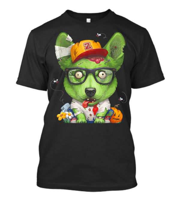 Zany Zombie Welsh Corgi With Glasses And Pumpkin T-Shirt