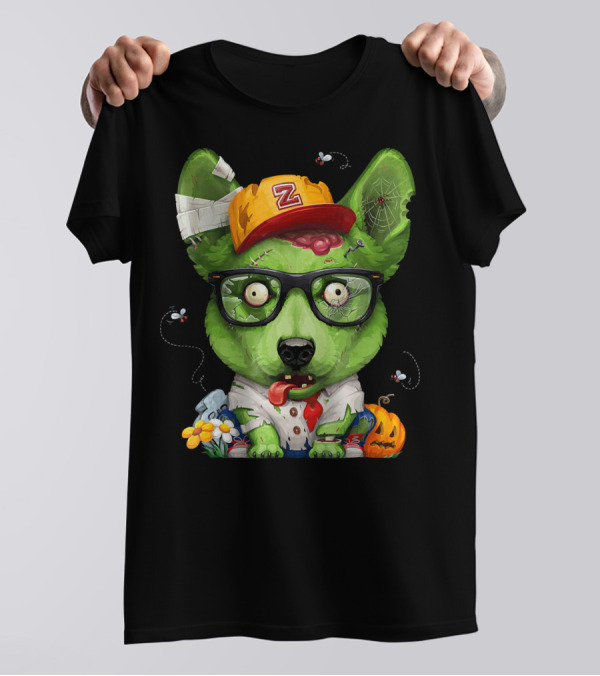 Zany Zombie Welsh Corgi With Glasses And Pumpkin T-Shirt