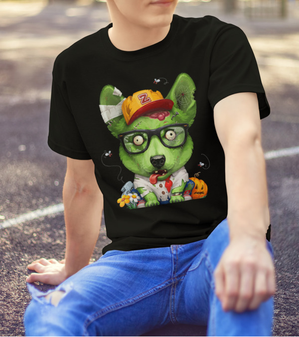 Zany Zombie Welsh Corgi With Glasses And Pumpkin T-Shirt