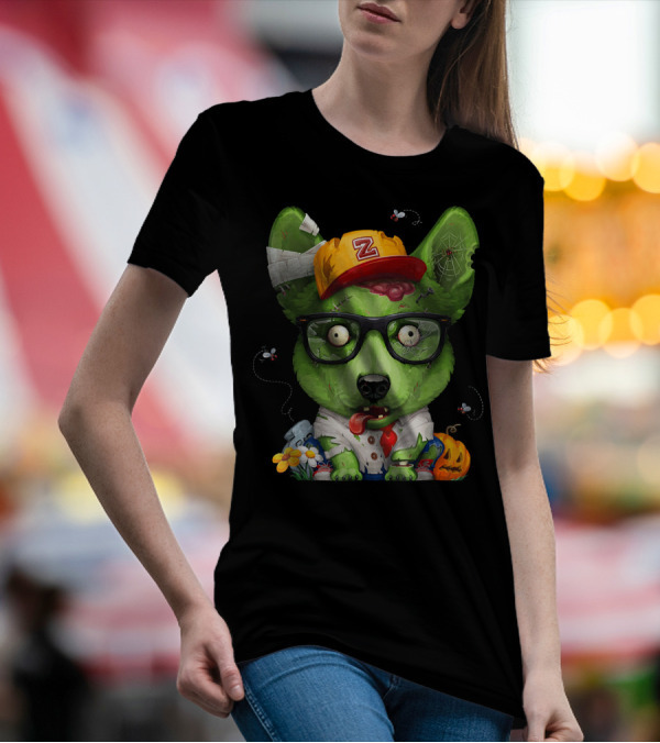 Zany Zombie Welsh Corgi With Glasses And Pumpkin T-Shirt
