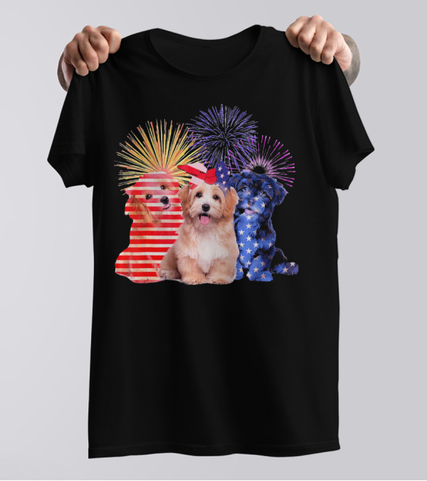 Funny Havanese Fireworks With American Flag Colors T-Shirt
