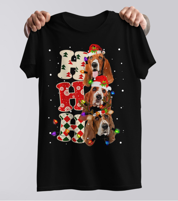 Basset Hound Christmas HO HO HO With Santa Hat And Lights T-Shirt