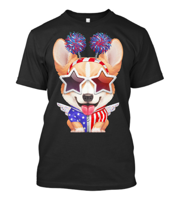 Corgi Patriotic Celebration With Star Glasses And Pom Pom Ears T-Shirt