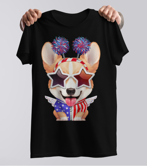 Corgi Patriotic Celebration With Star Glasses And Pom Pom Ears T-Shirt
