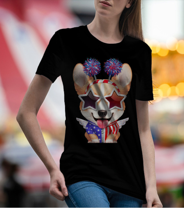 Corgi Patriotic Celebration With Star Glasses And Pom Pom Ears T-Shirt