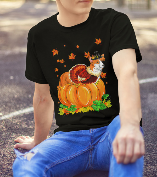 Thanksgiving Corgi Dog In Turkey Hat And Pumpkin With Maple Leaves T-Shirt