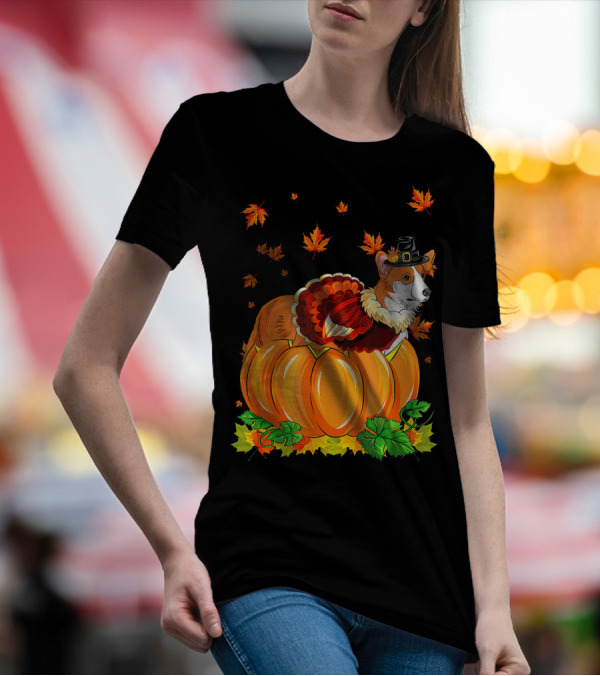 Thanksgiving Corgi Dog In Turkey Hat And Pumpkin With Maple Leaves T-Shirt