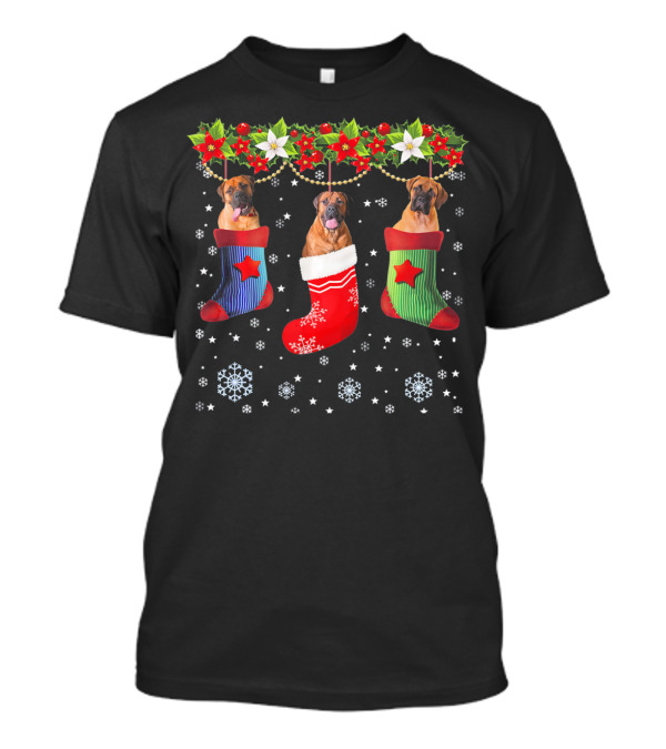 Three Bullmastiff Dogs In Christmas Stockings With Festive Holly And Snowflakes T-Shirt