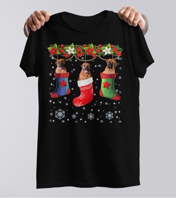 Three Bullmastiff Dogs In Christmas Stockings With Festive Holly And Snowflakes T-Shirt
