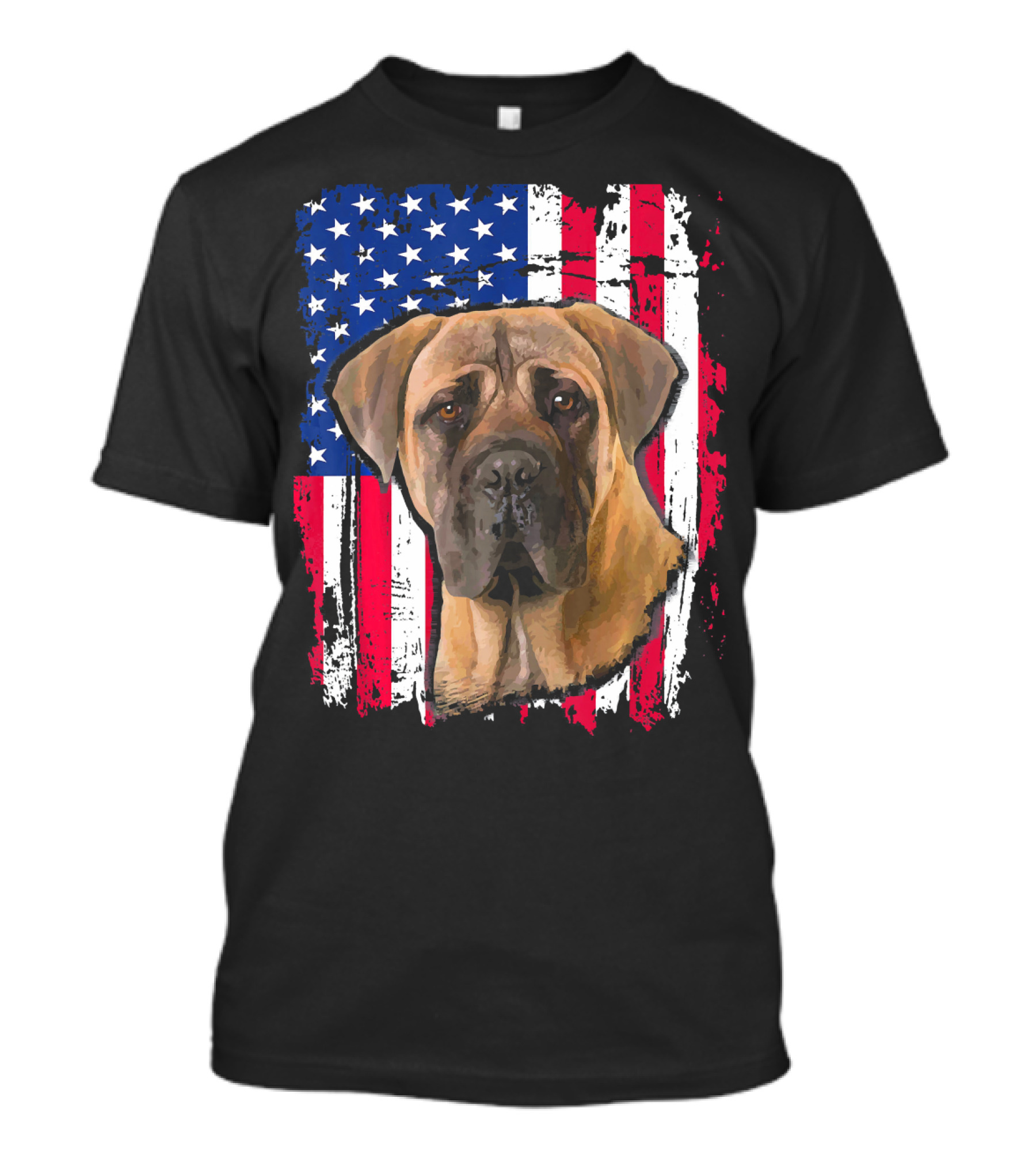 Bullmastiff Overlaid On Distressed US Flag Background For 4th Of July T-Shirt