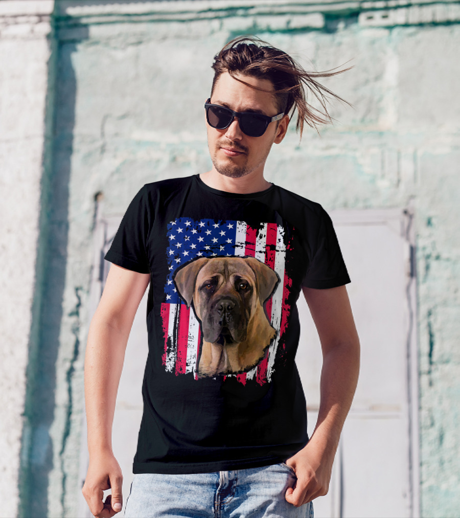 Bullmastiff Overlaid On Distressed US Flag Background For 4th Of July T-Shirt