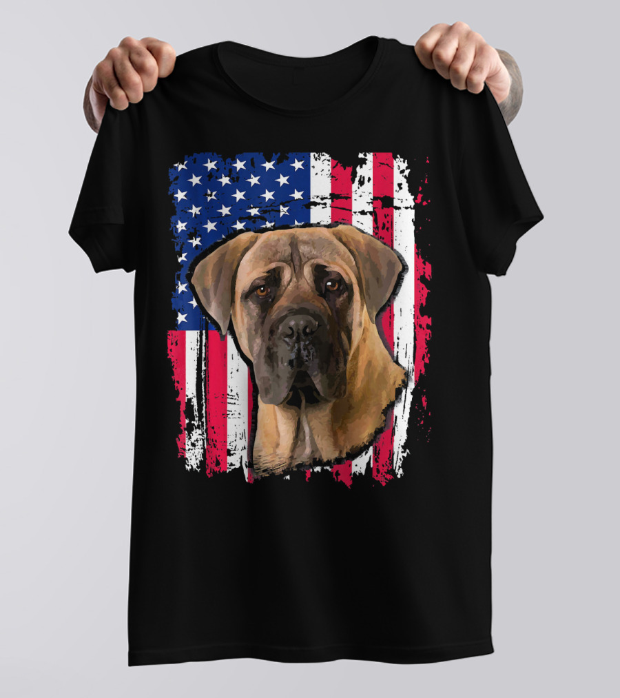Bullmastiff Overlaid On Distressed US Flag Background For 4th Of July T-Shirt
