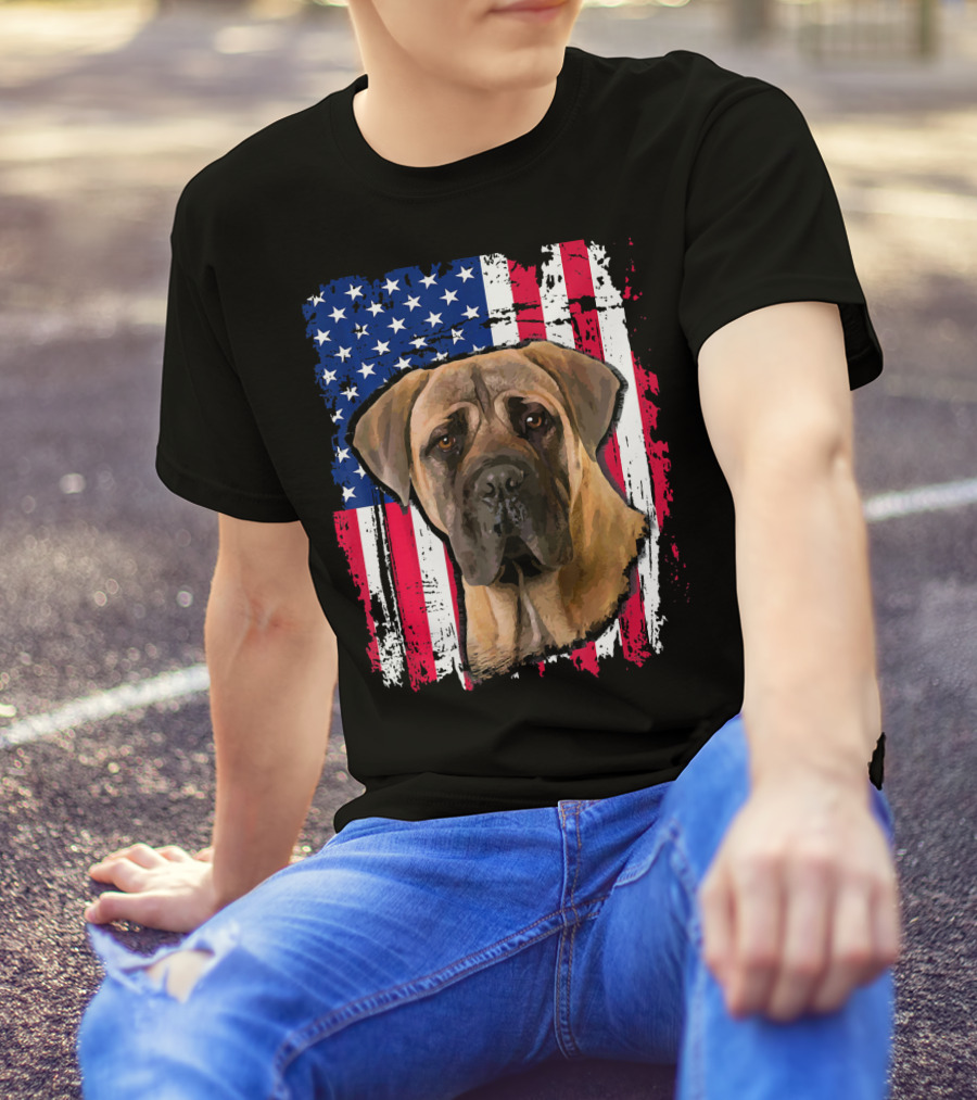 Bullmastiff Overlaid On Distressed US Flag Background For 4th Of July T-Shirt