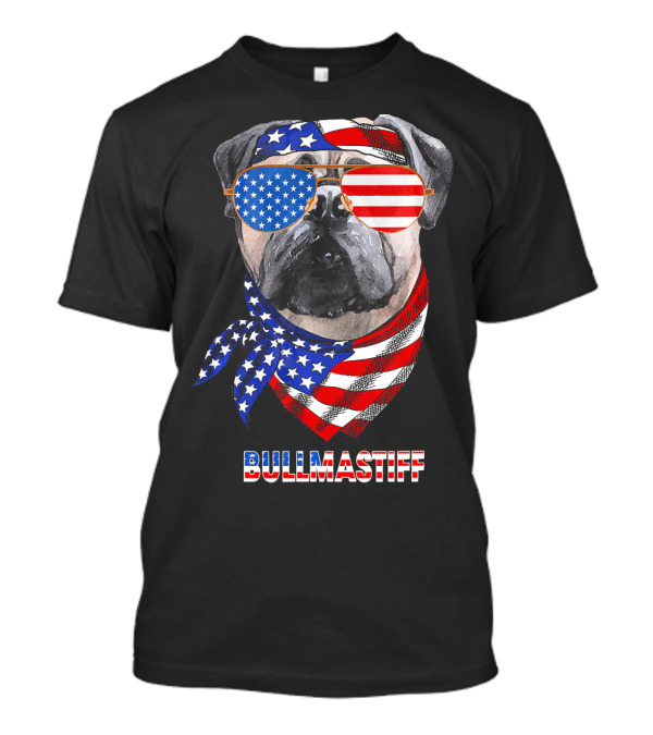 Bullmastiff Dog With American Flag Bandana And Sunglasses T-Shirt