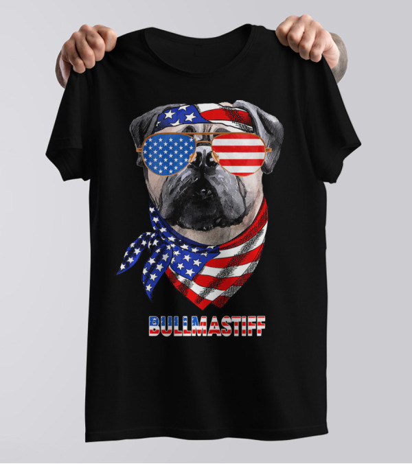 Bullmastiff Dog With American Flag Bandana And Sunglasses T-Shirt
