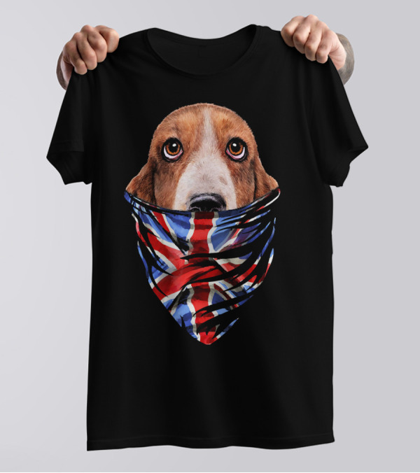 Patriotic Basset Hound Dog In Union Jack Bandana T-Shirt