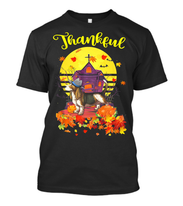 Thankful Basset Hound Pilgrim With Autumn Leaves And Pumpkin T-Shirt