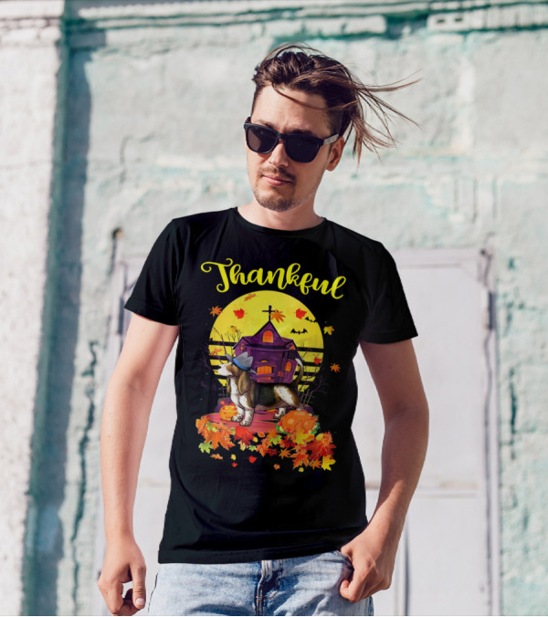 Thankful Basset Hound Pilgrim With Autumn Leaves And Pumpkin T-Shirt