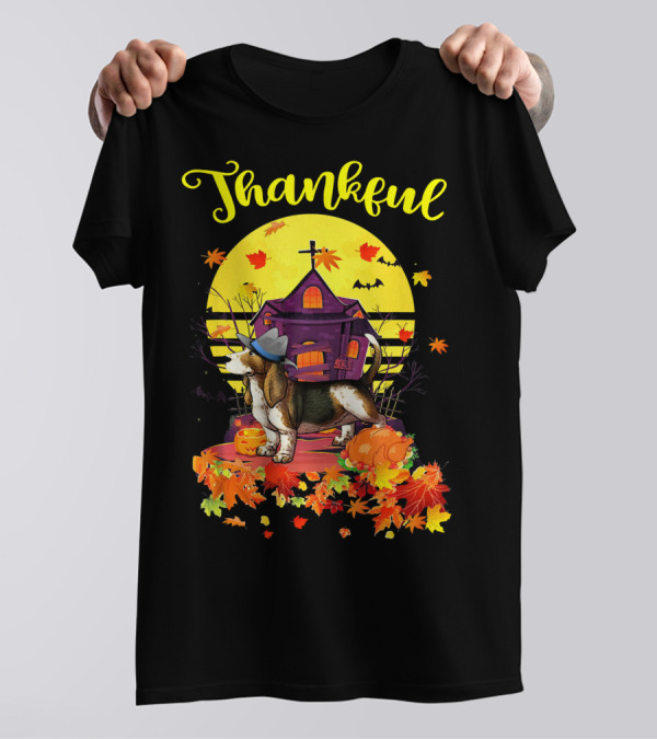 Thankful Basset Hound Pilgrim With Autumn Leaves And Pumpkin T-Shirt