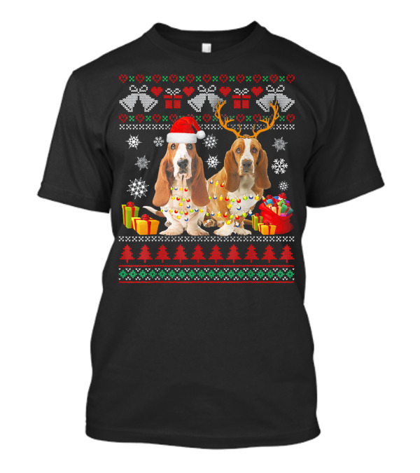 Basset Hound Dog Ugly Christmas Puppy With Santa Hat And Reindeer Antlers Holiday Lights And Gifts T-Shirt